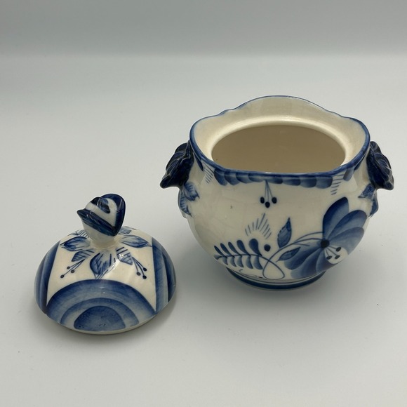 Russian GZHEL Porcelain Blue White Sugar Candy Bowl Lid Vintage Handmade Painted - Picture 7 of 13